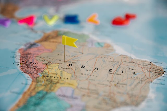 Brazil flag on world map
