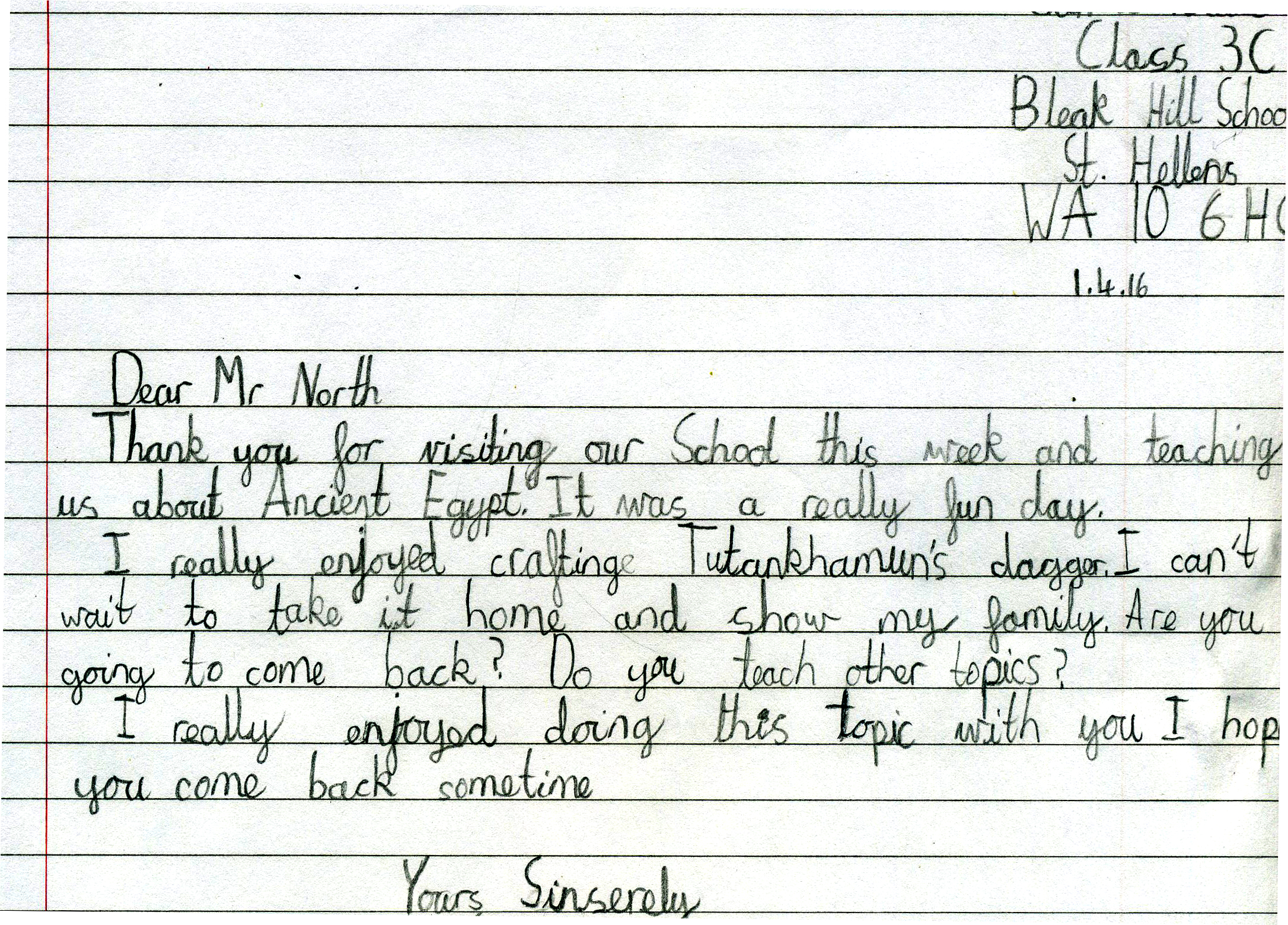 Letter from a child about the Egyptian day