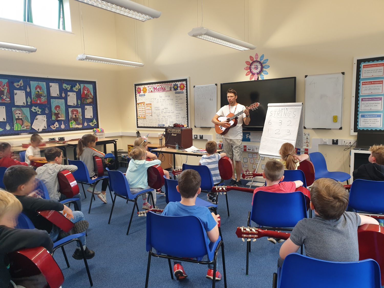 Guitar teacher in classroom with children