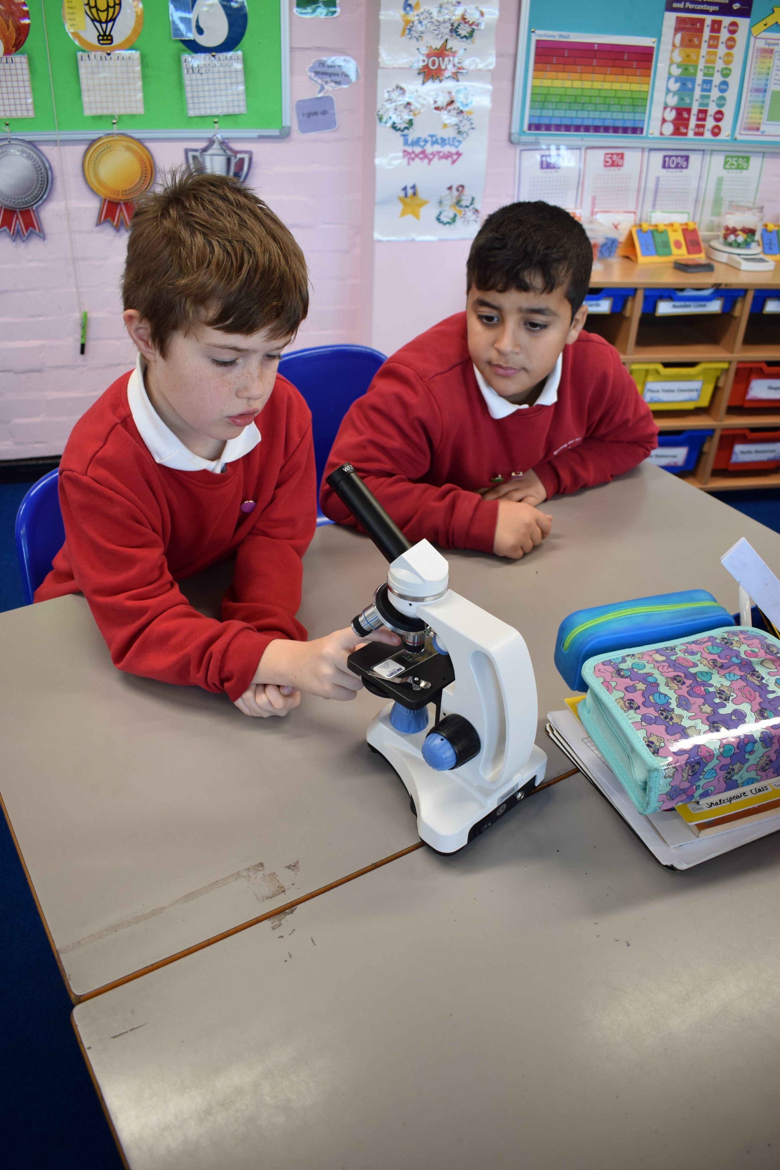 Students Exploring Microscope