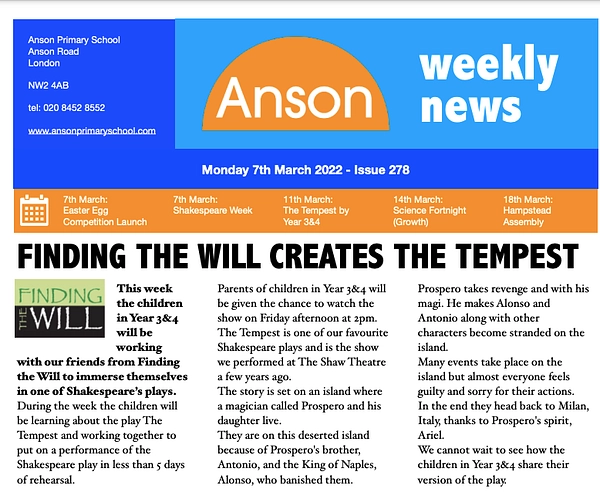 The Tempest Project Week at Anson Primary, London